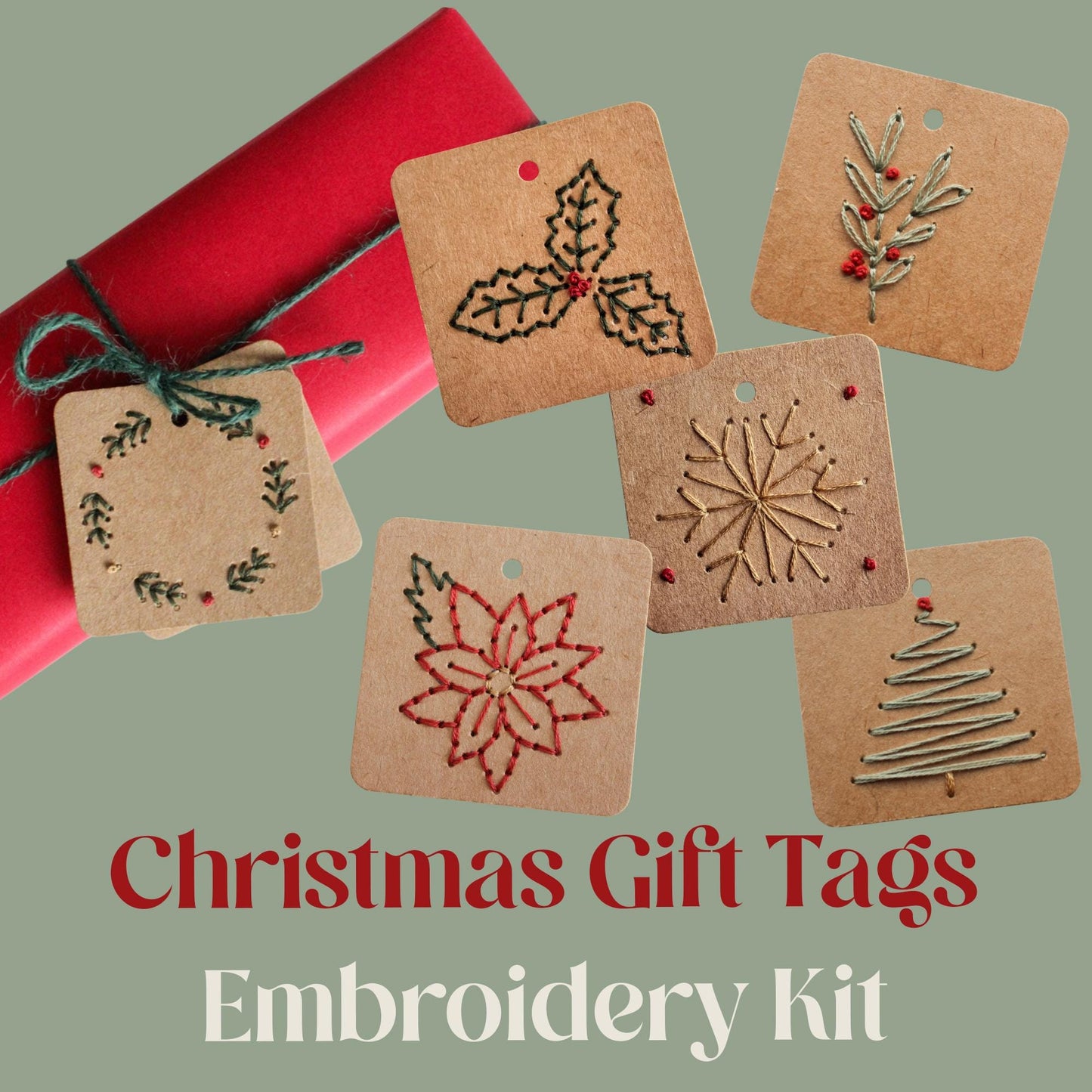 Twelve Pack Christmas Embroidery Gift Tags Kit | Beginner-Friendly DIY Craft