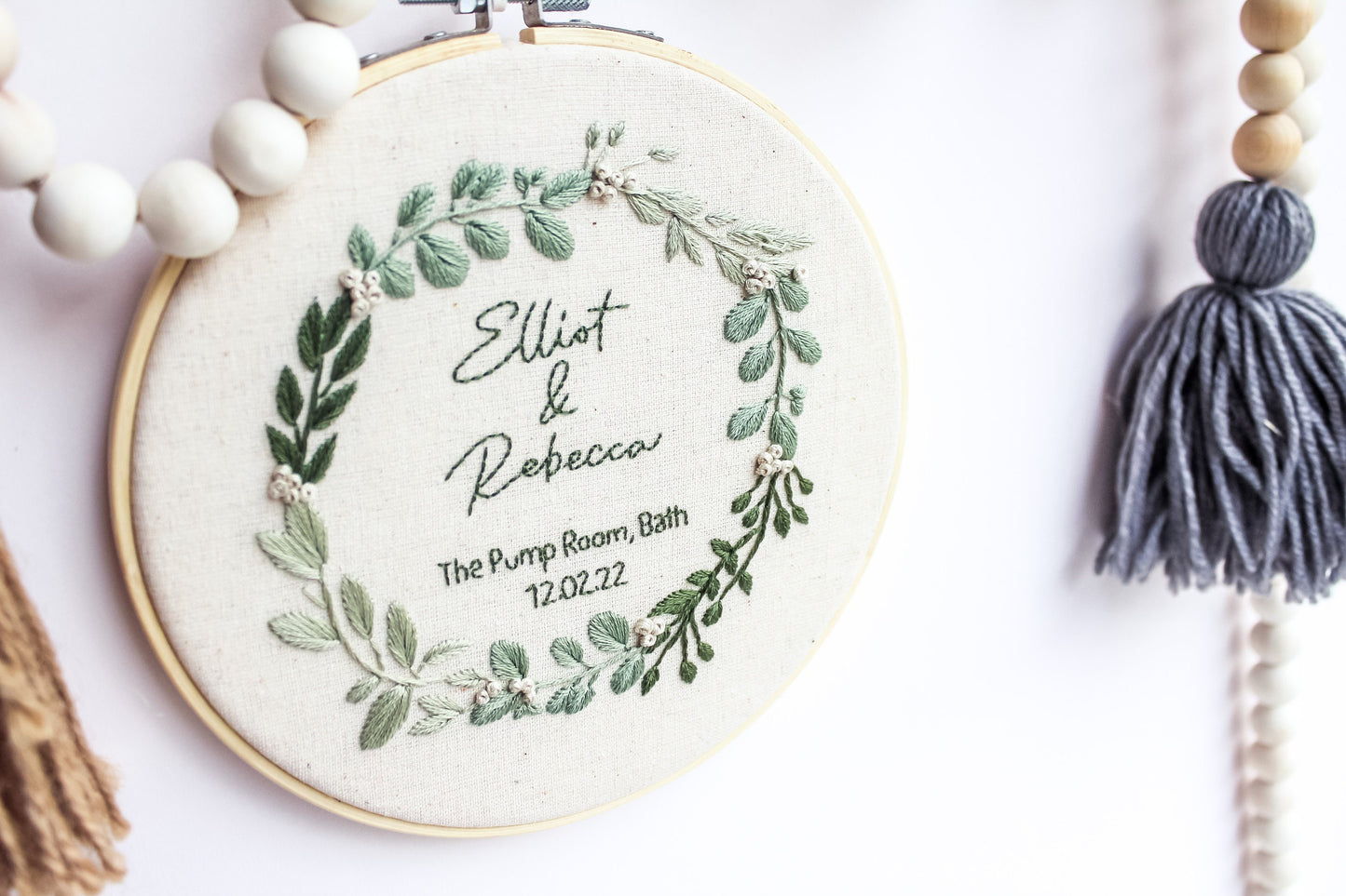 Personalised Wedding Hand Embroidery Hoop | Botanical Wreath