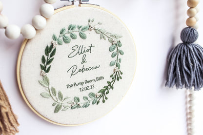 Personalised Wedding Hand Embroidery Hoop | Botanical Wreath