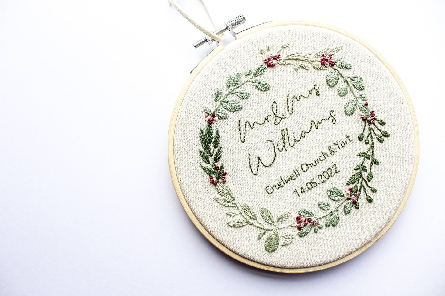 Personalised Wedding Hand Embroidery Hoop | Botanical Wreath
