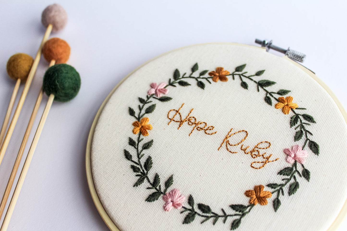 Personalised Floral Wreath Name Embroidery Hoop | Ready-Made
