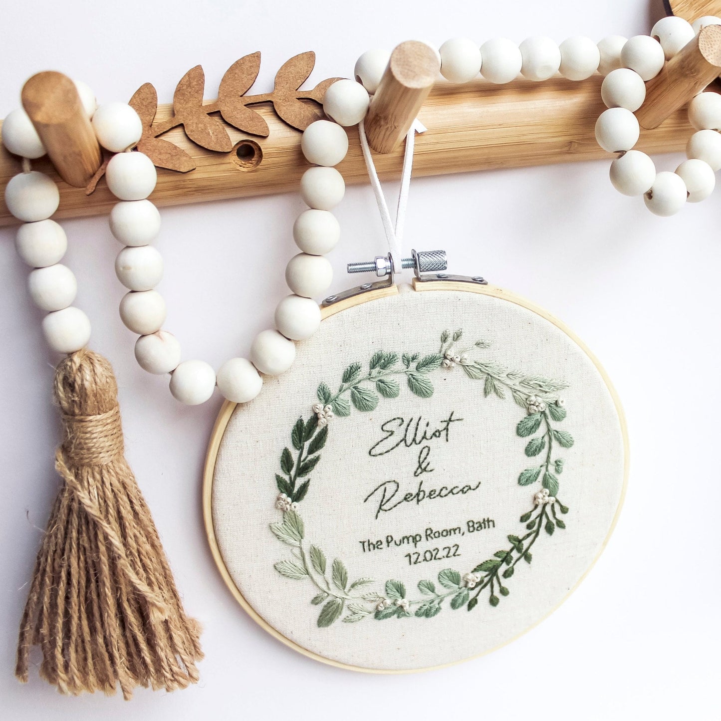 Personalised Wedding Hand Embroidery Hoop | Botanical Wreath