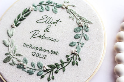 Personalised Wedding Hand Embroidery Hoop | Botanical Wreath