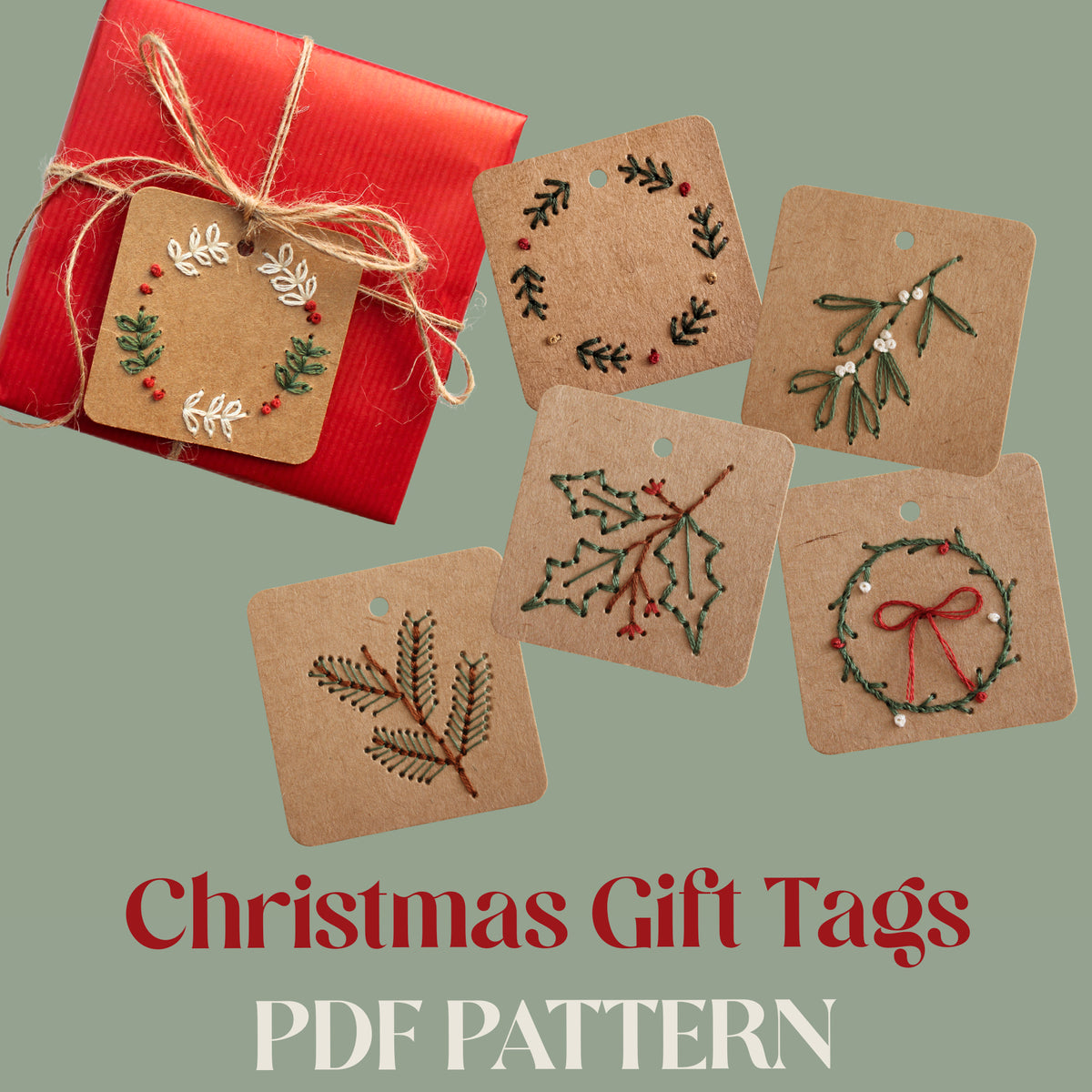PDF Download Christmas Wreath Gift Tags Embroidery Pattern