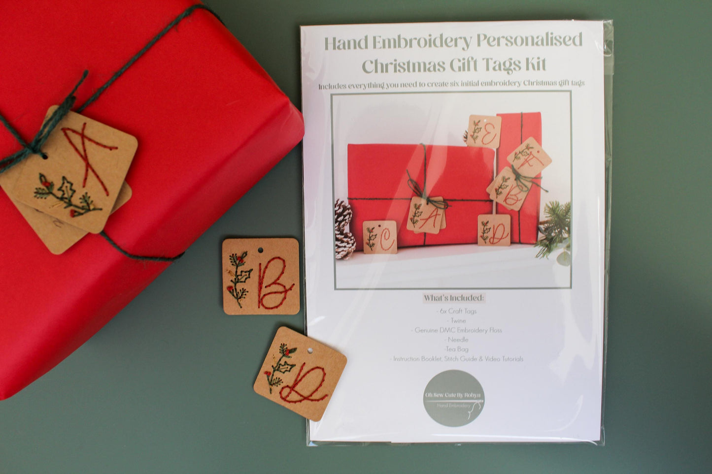 Twelve Pack Personalised Initial Christmas Embroidery Gift Tags Kit