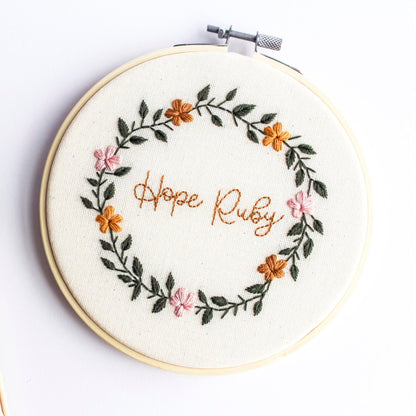 Personalised Floral Wreath Name Embroidery Hoop | Ready-Made