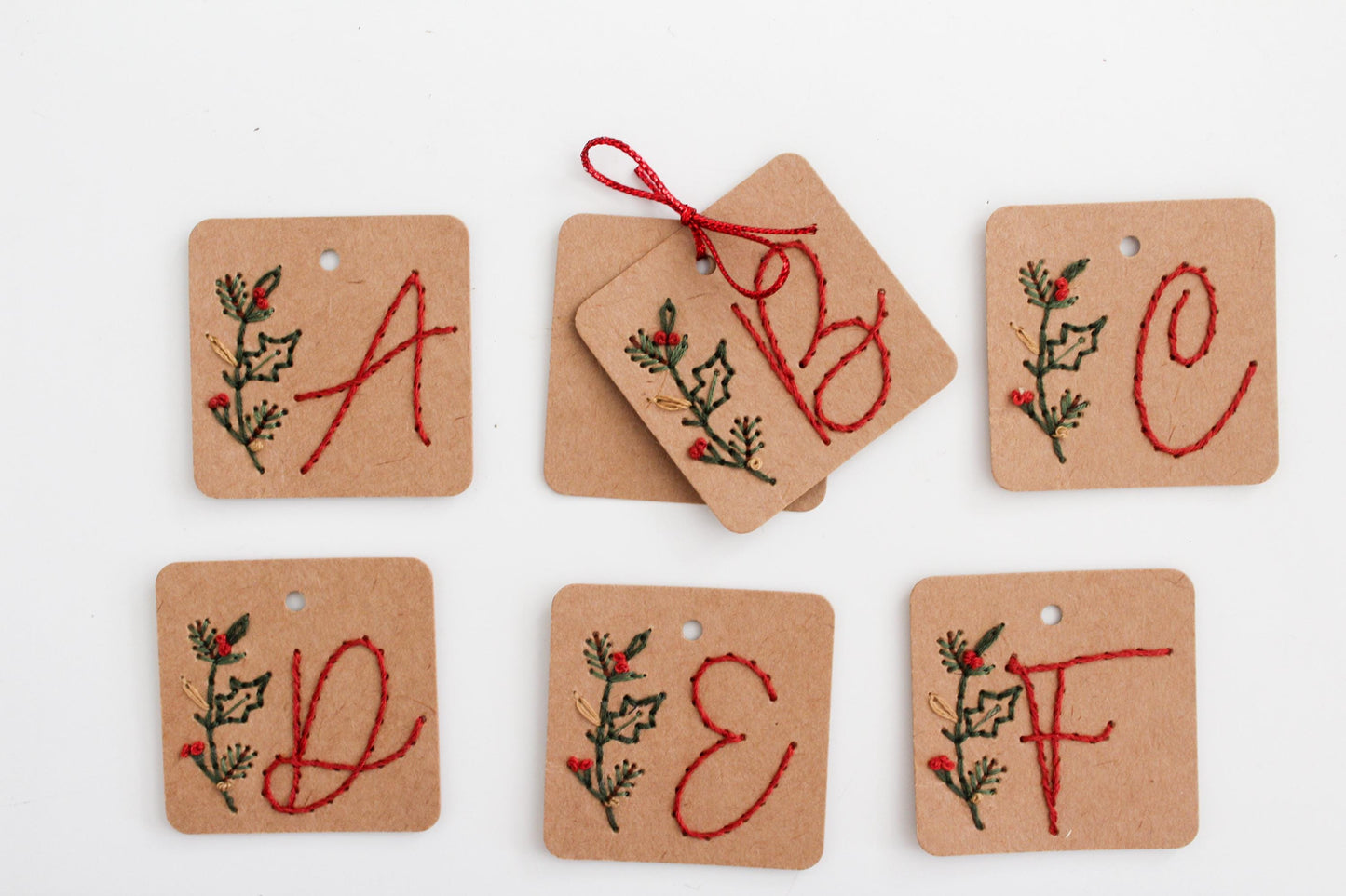 Twelve Pack Personalised Initial Christmas Embroidery Gift Tags Kit
